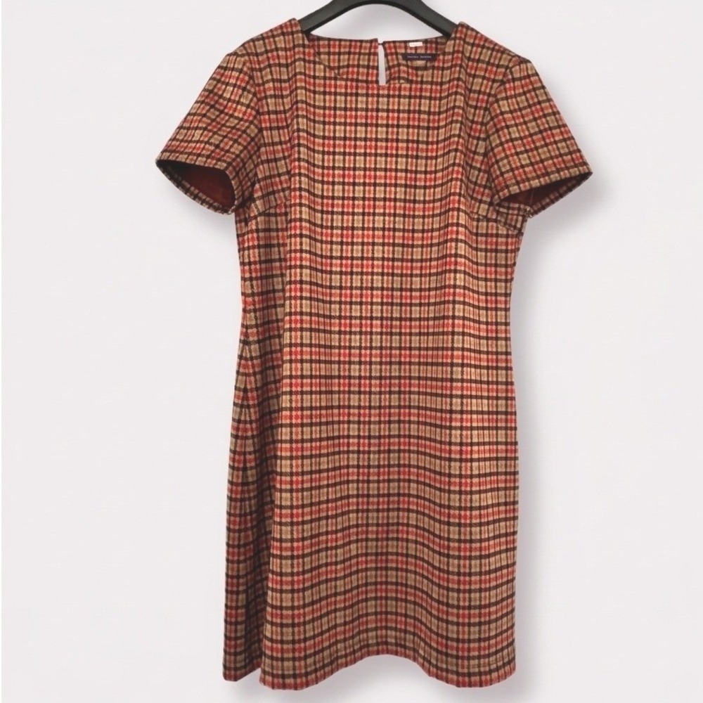 Tommy Hilfiger Red Black Tan Plaid Short Sleeve Shift Dress Autumn Tartan Preppy